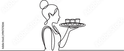 A waitress brings a tray of drinks to the customer. one line art icon drawing vector