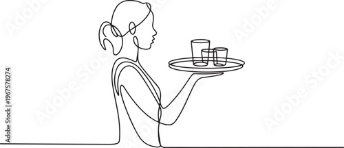A waitress brings a tray of drinks to the customer. one line art icon drawing vector