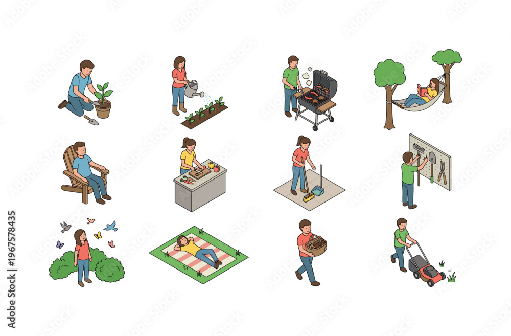 Fototapeta premium Cottage activities including planting plants, watering garden, grilling food, relaxing outdoors, sitting on chair, preparing meal,