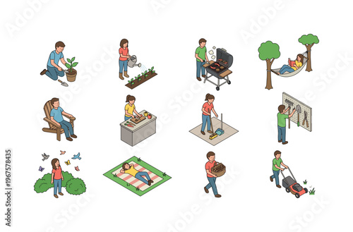 Cottage activities including planting plants, watering garden, grilling food, relaxing outdoors, sitting on chair, preparing meal,