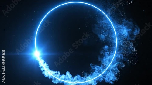 A glowing blue circle with smoke emanating from the bottom right on a dark background
