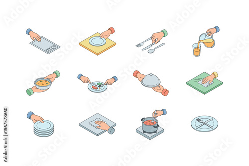 Dining actions including setting table, placing plates, arranging cutlery, pouring drink, serving food, eating meal, passing