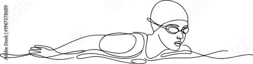 Young woman swimmer in cap and goggles under swim water. one line art icon drawing vector