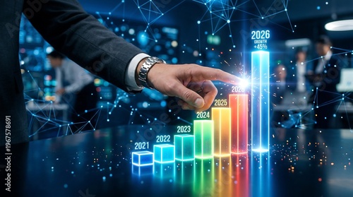 Hand interacting with vibrant digital bar chart, symbolizing business growth, future projections, and strategic planning in a tech-driven corporate environment