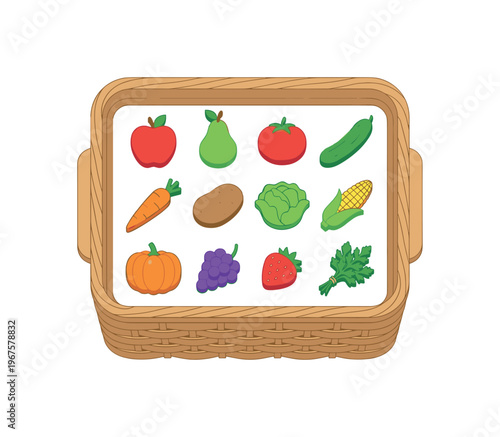 Farmers market basket filled with fresh produce including apples, pears, tomatoes, cucumbers, carrots, potatoes, lettuce, corn