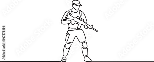 person standing and holding a rifle, dressed in tactical gear including a cap, shorts, and knee pads, representing precision, focus, and tactical readiness. one line art icon drawing vector