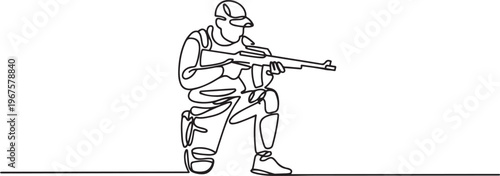person standing and holding a rifle, dressed in tactical gear including a cap, shorts, and knee pads, representing precision, focus, and tactical readiness. one line art icon drawing vector