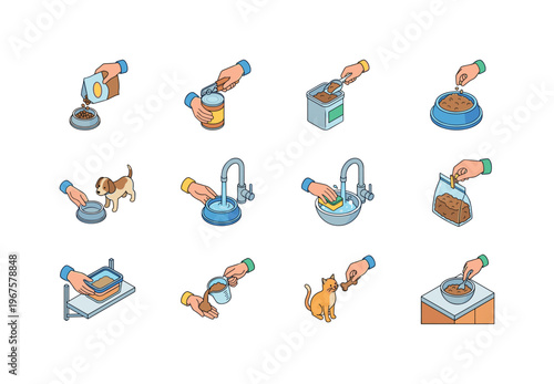 Pet feeding and care instructions illustrated with isometric icons