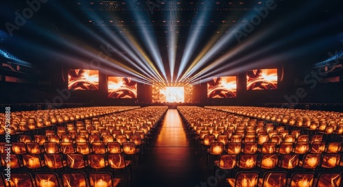 Empty concert hall with rows of seats leading to illuminated stage with LED screens and dramatic spotlight beams in dark arena event venue interior concept AI generated