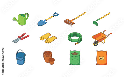 Garden and yard tools including watering can, shovel, rake, hoe tool, pruning shears, garden gloves, hose, wheelbarrow, bucket,