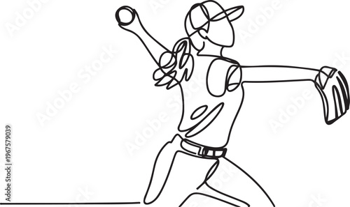 long hair in cap Female baseball pitcher throws the ball. one line art icon drawing vector