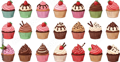 Set of Colorful Cupcake Illustrations with Various Toppings, Flavors, and Decorations for Bakery, Dessert, and Sweet Treat Themes
