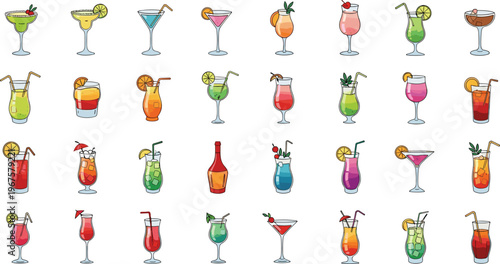 Set of Colorful Cocktail and Drink Illustrations with Glasses, Fruit Garnishes, and Alcoholic Beverages for Bar, Party, and Event Themes