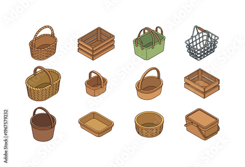 Harvest basket variations including wicker basket, wooden crate basket, fabric basket, metal basket, large harvest basket, small
