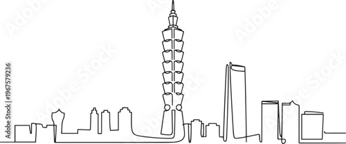 aipei city skyline, Taiwan. Famous city scraper and landscape home wall decor art poster print. one line art icon drawing vector