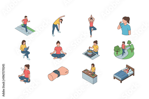 Healthy activities including jogging, stretching, yoga pose, drinking water, reading book, meditating, cooking healthy meal,