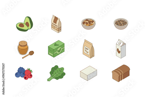 Healthy grocery basket including avocados, quinoa pack, nuts mix, seeds mix, honey jar, herbal tea box, oat flakes, almond milk,