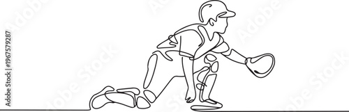 young agile professional baseball catcher player in action. Sport exercise concept. one line art icon drawing vector