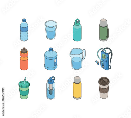 Hydration essentials including water bottle, glass of water, reusable bottle, thermos flask, sports bottle, water jug, pitcher