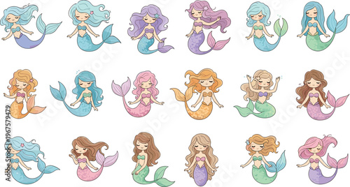 Set of Cute Mermaid Illustrations in Various Hair Colors and Poses for Fantasy, Underwater, and Fairytale Themes