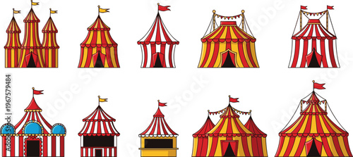 Set of Colorful Circus Tent Illustrations with Various Styles and Flags for Carnival, Festival, and Entertainment Themes