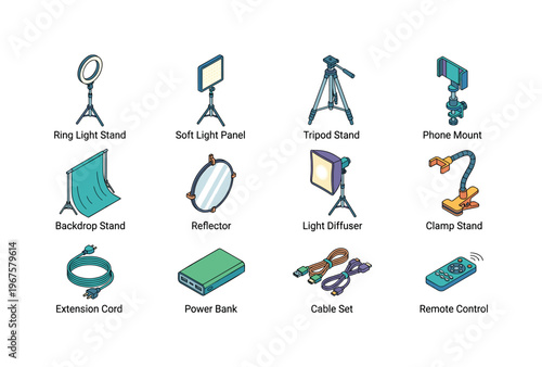 Lighting and setup items including ring light stand, soft light panel, tripod stand, phone mount, backdrop stand, reflector, light