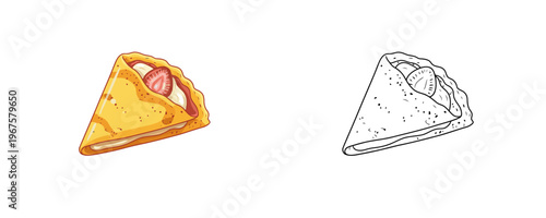 Cartoon strawberry crepe illustration in colored and black line art styles yellow and red tones sweet dessert pancake for cafe or menu design isolated on white background