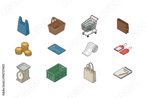 Market shopping items including reusable bag, wicker basket, shopping cart, wallet, coins, payment card, receipt paper, price tags