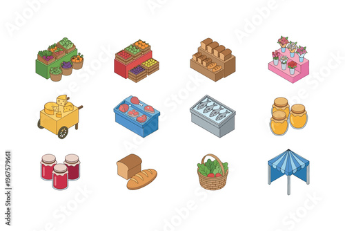 Weekend market stalls with fresh goods including vegetable stand, fruit stand, bakery stand, flower stand, cheese stand, meat