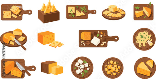 Set of Cheese Illustrations with Blocks, Slices, and Serving Platters for Food, Dairy, and Snack Themes
