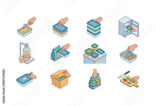 Meal prep actions including filling container, closing lid, stacking containers, storing in fridge, reheating food, packing lunch,