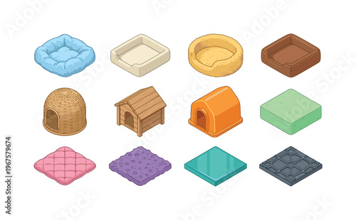 Materials and textures including plush fabric bed, cotton bed, fleece bed, leather bed, wicker house, wooden house, plastic house,