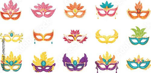 Set of Colorful Masquerade Masks with Feathers and Gems for Carnival, Festival, and Party Themes