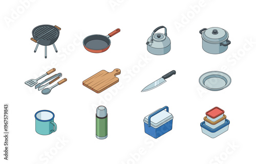 Outdoor cooking items including portable grill, frying pan, kettle, cooking pot, utensils set, cutting board, knife, plate, cup,