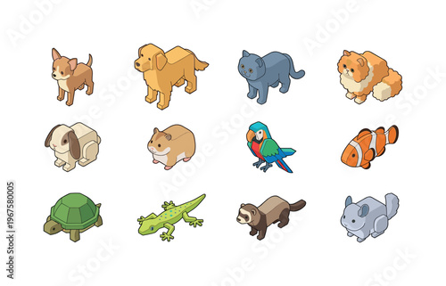 Pet breeds and variations including small dog, large dog, short hair cat, long hair cat, lop rabbit, dwarf hamster, colorful