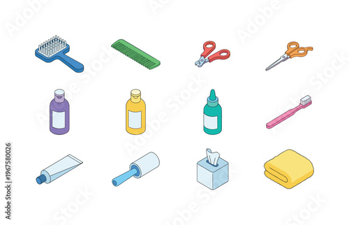 Pet care tools including grooming brush, comb, nail clippers, grooming scissors, shampoo bottle, conditioner bottle, ear cleaner,