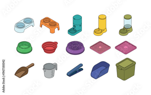 Pet feeding equipment including double bowl stand, raised feeder, automatic dispenser, gravity feeder, travel bowl, collapsible