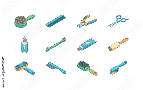 Pet grooming tools including grooming brush, comb, nail clippers, grooming scissors, ear cleaner, toothbrush for pets, toothpaste