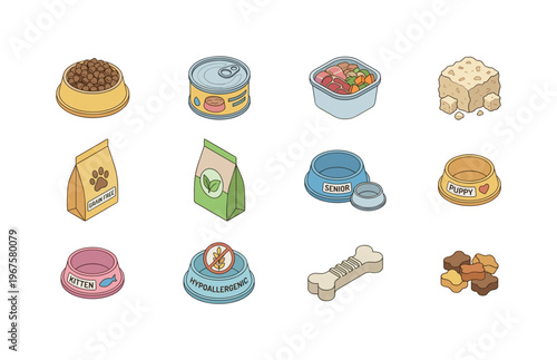 Types of pet food including dry kibble, canned food, raw food portions, freeze dried food, grain free food, organic pet food,