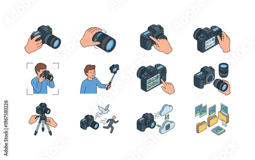 Photo shooting actions including holding camera, focusing lens, pressing shutter, adjusting settings, framing shot, taking selfie,