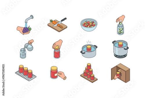 Preserving actions including washing produce, cutting vegetables, filling jars, adding brine, sealing lids, sterilizing jars,
