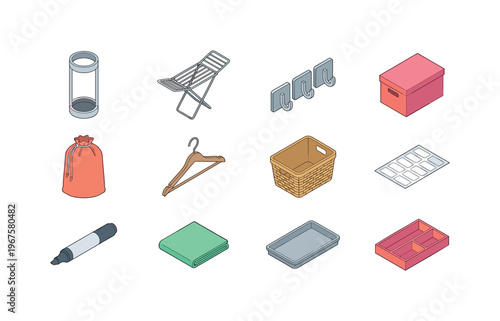 Rain gear accessories including umbrella stand, drying rack, wall hooks, storage box, fabric pouch, hanger, storage basket, label