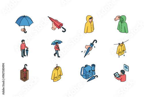 Rain protection actions including opening umbrella, closing umbrella, wearing raincoat, adjusting hood, holding umbrella, walking