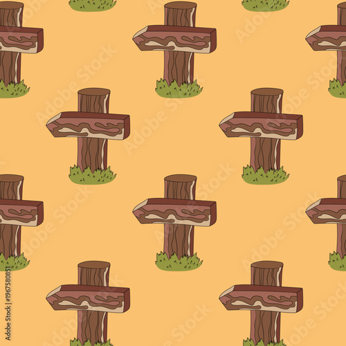 Seamless pattern with hand drawn road signs. Wooden signs with arrows. Nice design. Cartoon vector illustration for fabris, textile.