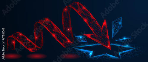 The concept of risk and loss. The arrow in the form of a wave punches a hole at the bottom with flying fragments. The process of economic recession and market collapse.