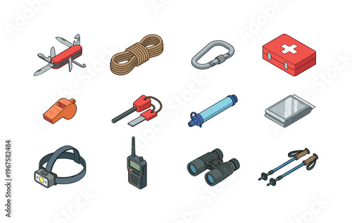 Survival tools including multi tool knife, rope coil, carabiner, first aid kit, whistle, fire starter, water filter, emergency