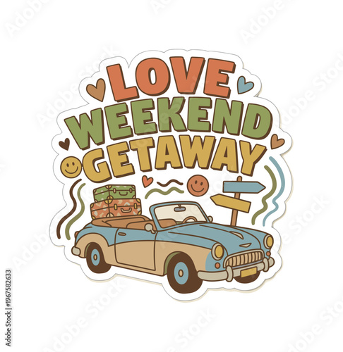 Playful 70s style sticker with LOVE SURF VIBES in chunky decorative lettering, integrated with a smiling sun, hibiscus flowers,