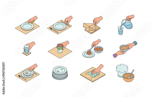 Table setup actions including placing plates, arranging cutlery, folding napkin, pouring drinks, setting glasses, placing