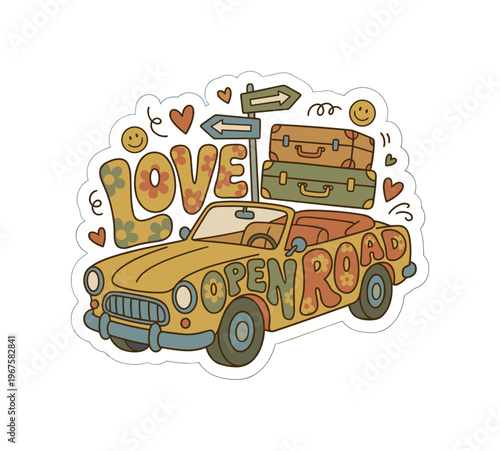 Playful 70s style sticker with LOVE GRAND CANYON in chunky decorative lettering, integrated with a winding river, desert