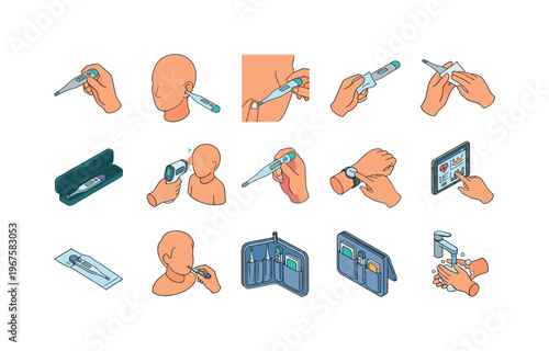 Temperature measurement actions including checking temperature, placing thermometer, reading result, cleaning thermometer, storing